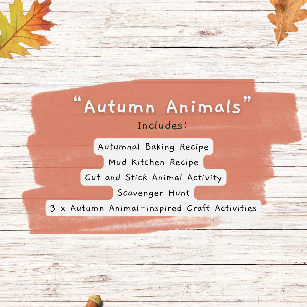 Whitewashed wood surface with orange overlay in the centre. Contents of the printable kit are listed in black writing on the overlay including mud kitchen recipe and cut and stick recipe.