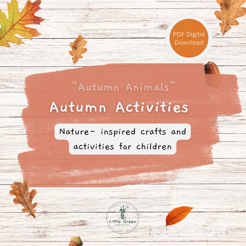 Digital cover graphic for an autumn-themed activity PDF download titled "Autumn Animals: Autumn Activities". The design features a rustic white wood plank background decorated with scattered autumn leaves and acorns, with a central dusty rose paint stroke containing the white text.
