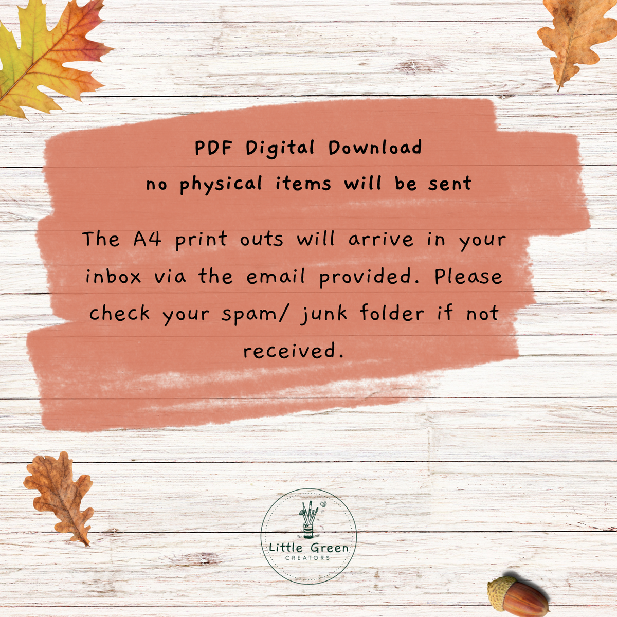 Digital download listing graphic with text on a rustic white wood background. The text reads: 'PDF Digital Download no physical items will be sent The A4 print outs will arrive in your inbox via the email provided.