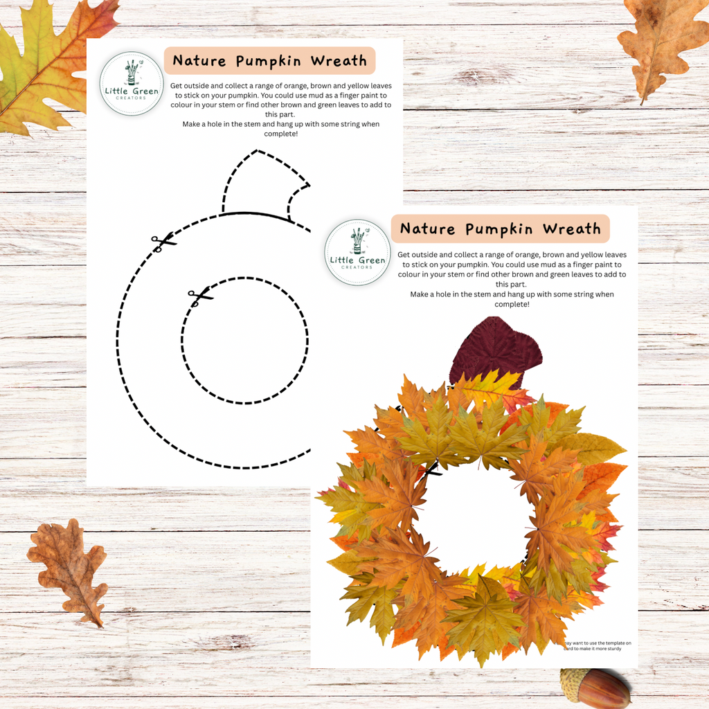 A printable autumn-themed printable card for 'Pumpkin Nature Wreath’ with instructions, and an autumn colour leaf wreath on a whitewashed wood background.