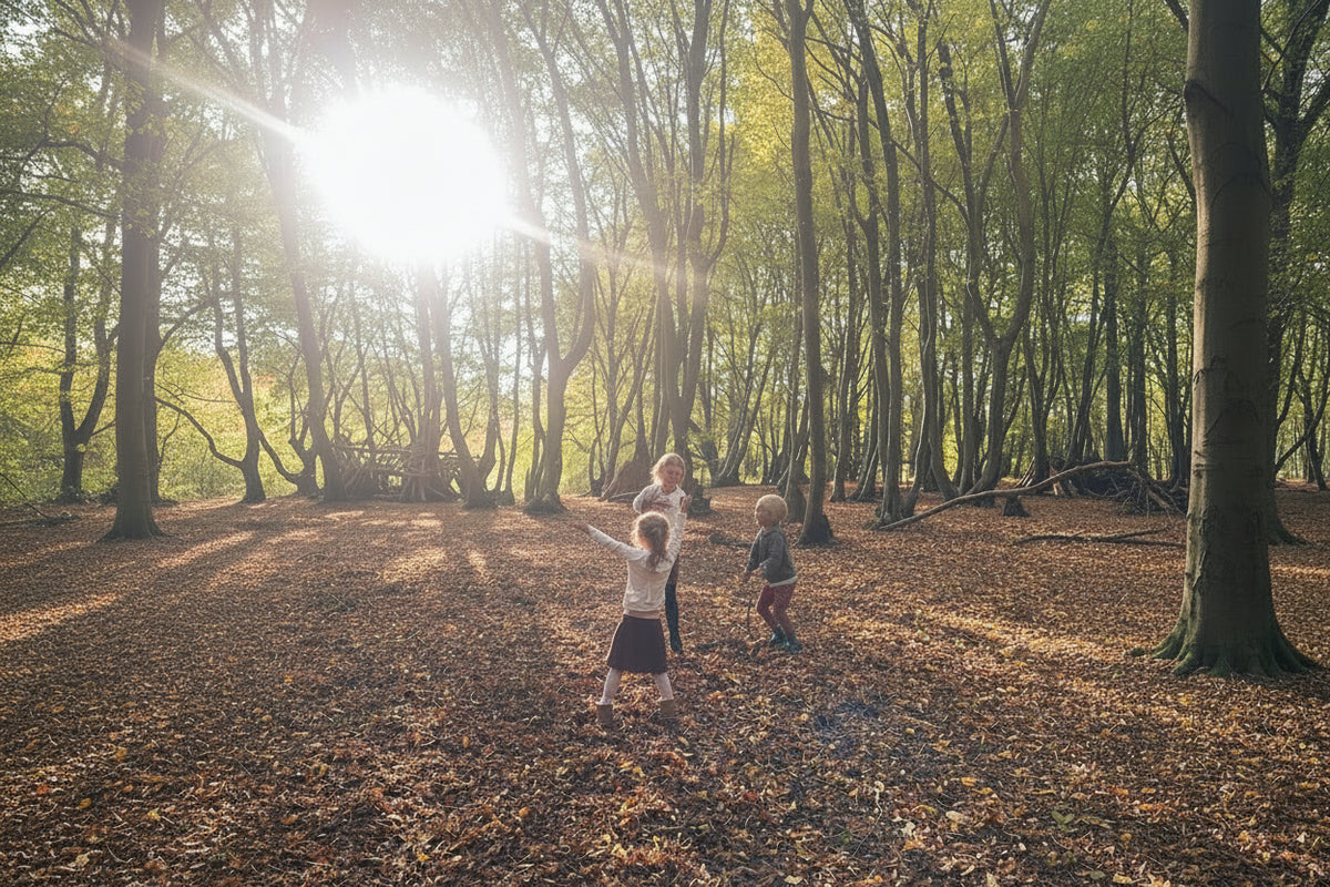 Woodland scene with brown leaves and sun shining through the trees. Three small children playing in the middle.
