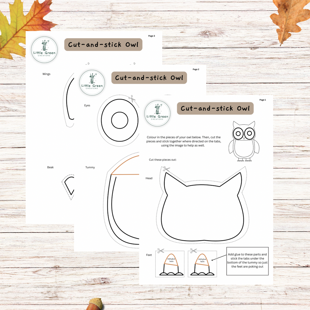 Two printable craft activity sheets for making an owl cut-and-stick, displayed on a light wood background with autumn leaves. The sheets feature black line drawings of an owl's parts (wings, eyes, beak, head, feet) with instructions and a color guide.