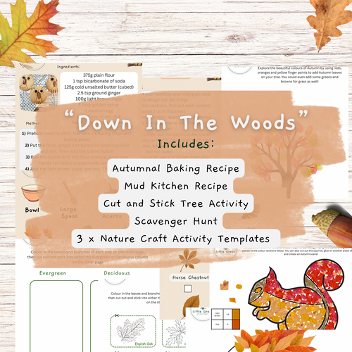 Background of printable children’s activities on a white washed wooden background. An orange overlay in the centre of the image with details what is included in the printable pack in black writing. 