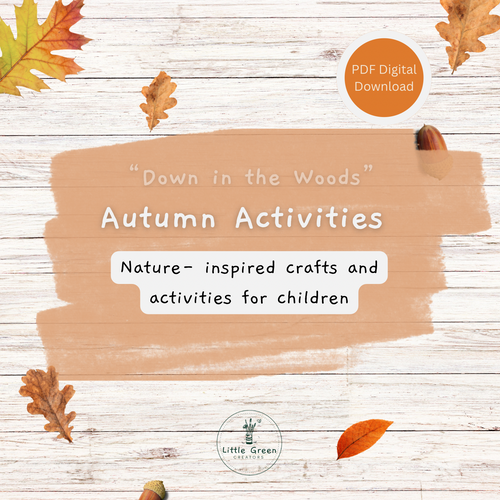 Wooden white washed background with an orange overlay in the centre with down in the woods title and what the printable pack is written in black writing. 