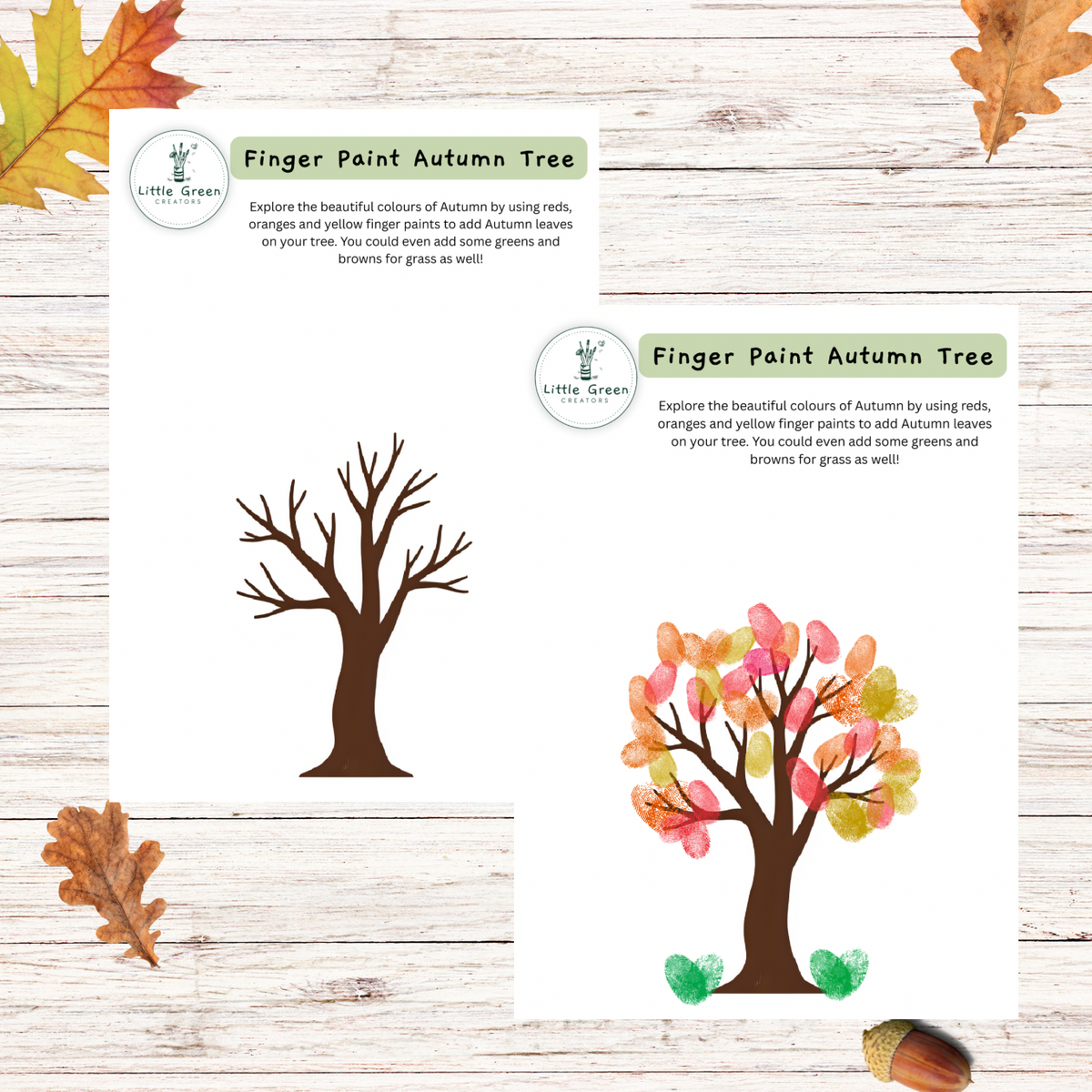 Printable finger paint tree on a white washed wooden background with autumn leaves and acorns. Two printables have brown tree trunk on with colourful fingerprint paint stamps on.