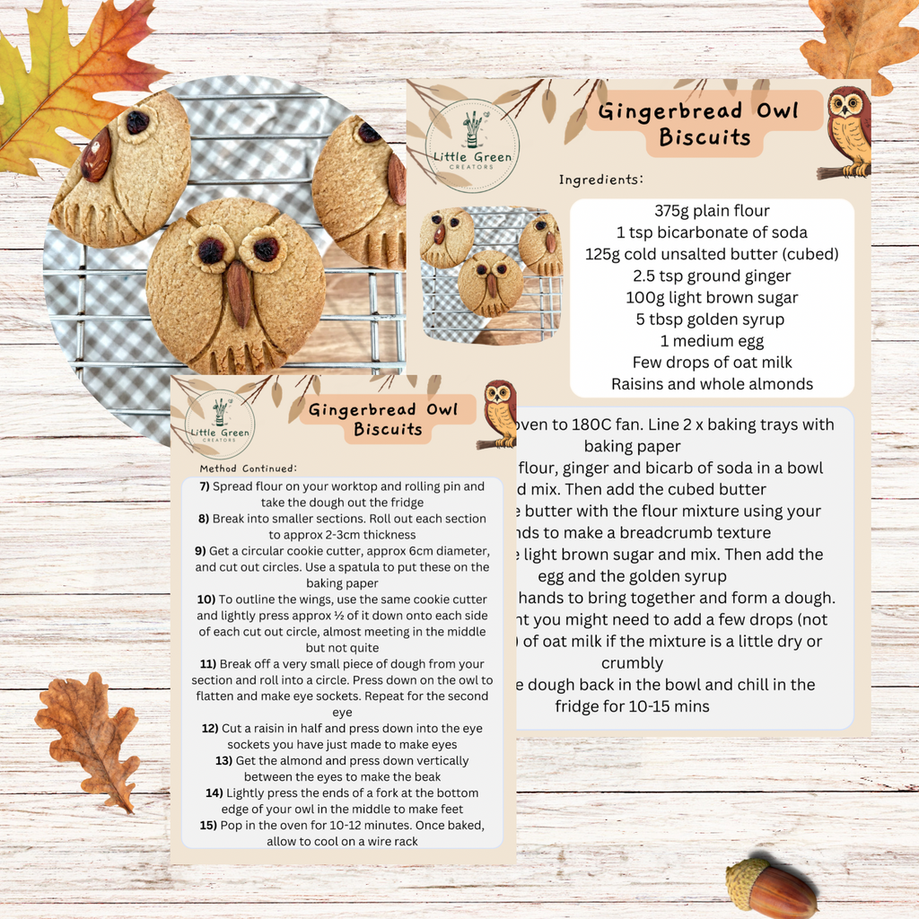 Printable sheets of gingerbread owl biscuit recipe on. On a white washed wooden background with autumn leaf and an acorn. 