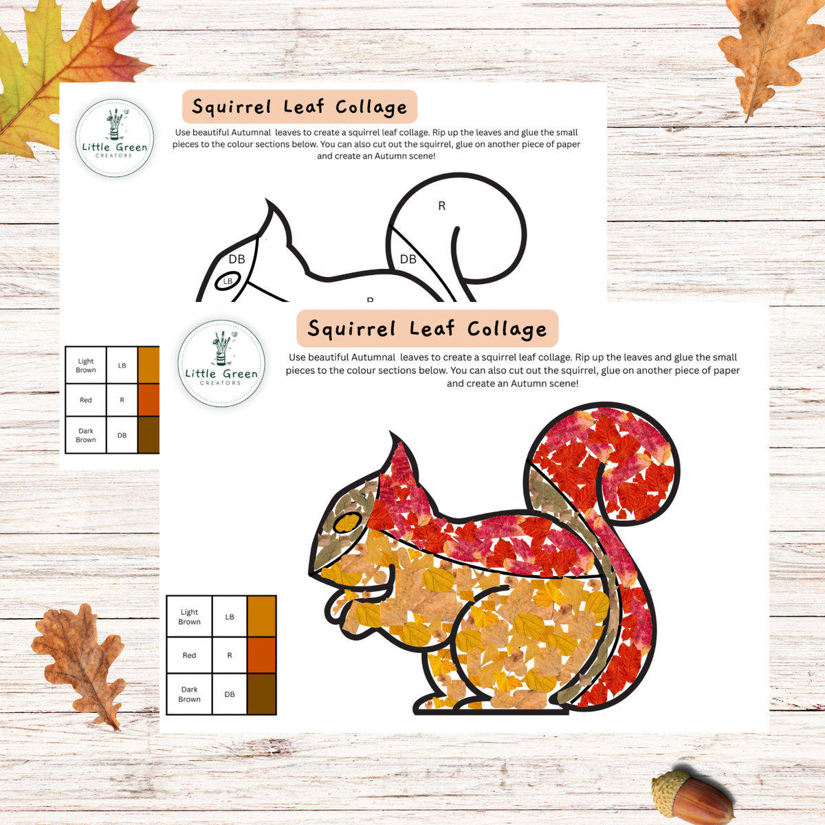 Printable on a white wooden background of a squirrel image with yellow and red leaf pieces inside the squirrel image. Colour key on the left hand side.