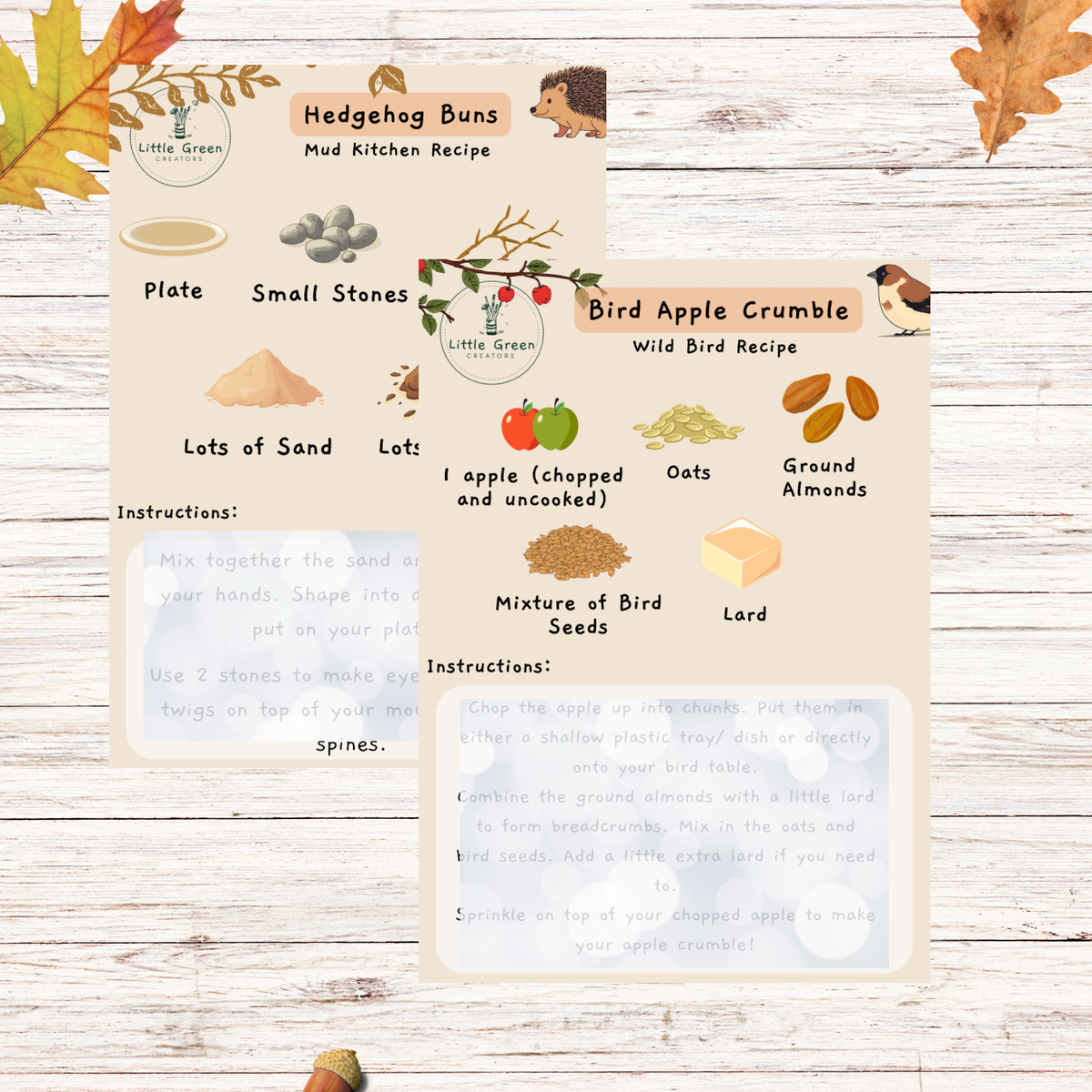 Two illustrated recipe cards for bird-themed baked goods, titled Hedgehog Buns and Bird Apple Crumble, laid on a whitewashed wood surface with autumn leaves. The cards show ingredient callouts such as plate, small stones, sand, apple, oats, almonds, bird seeds, and lard, along with simple mixing and baking instructions.