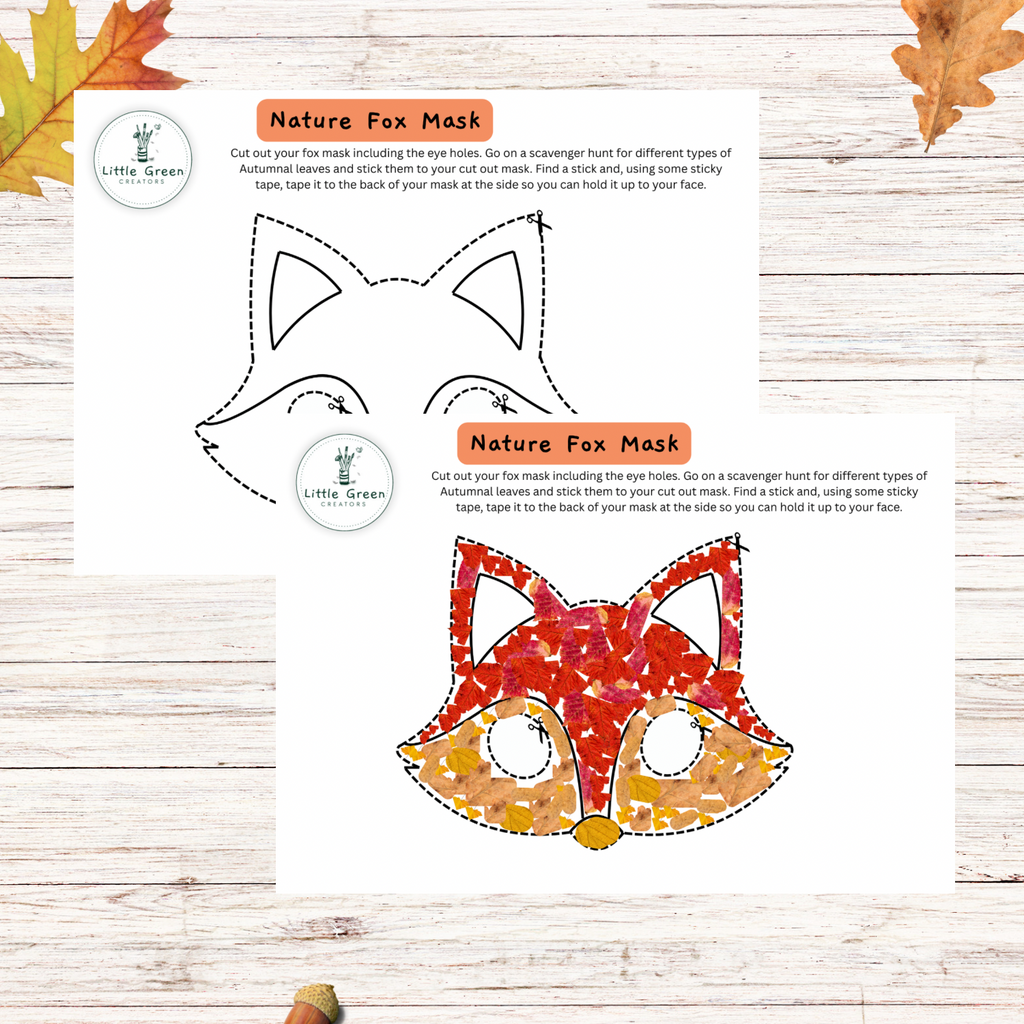 Two illustrated cards for nature fox mask cut and stick craft laid on a whitewashed wood surface with cut up autumn leaves on the mask templates.