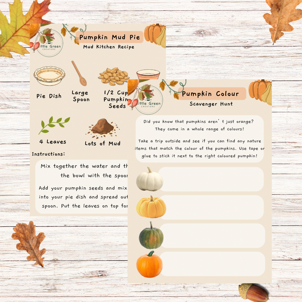 A printable autumn-themed recipe card for 'Pumpkin Mud Pie' with instructions, ingredients, and a pumpkin color scavenger hunt, styled with fall leaves and pumpkins on a whitewashed wood background.