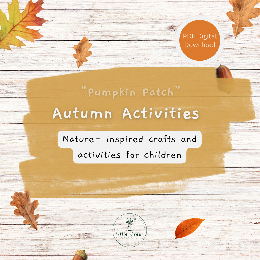 Digital cover graphic for an autumn activities PDF download titled 'Pumpkin Patch Autumn Activities'. The design features a central tan brushstroke shape with white text, set against a white wood plank background decorated with scattered autumn leaves and acorns.