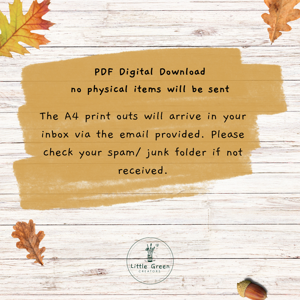 A digital download listing graphic with a tan paper-texture label on a white wood plank background, reading: 'PDF Digital Download no physical items will be sent The A4 print outs will arrive in your inbox via the email provided. Please check your spam/ junk folder if not received.