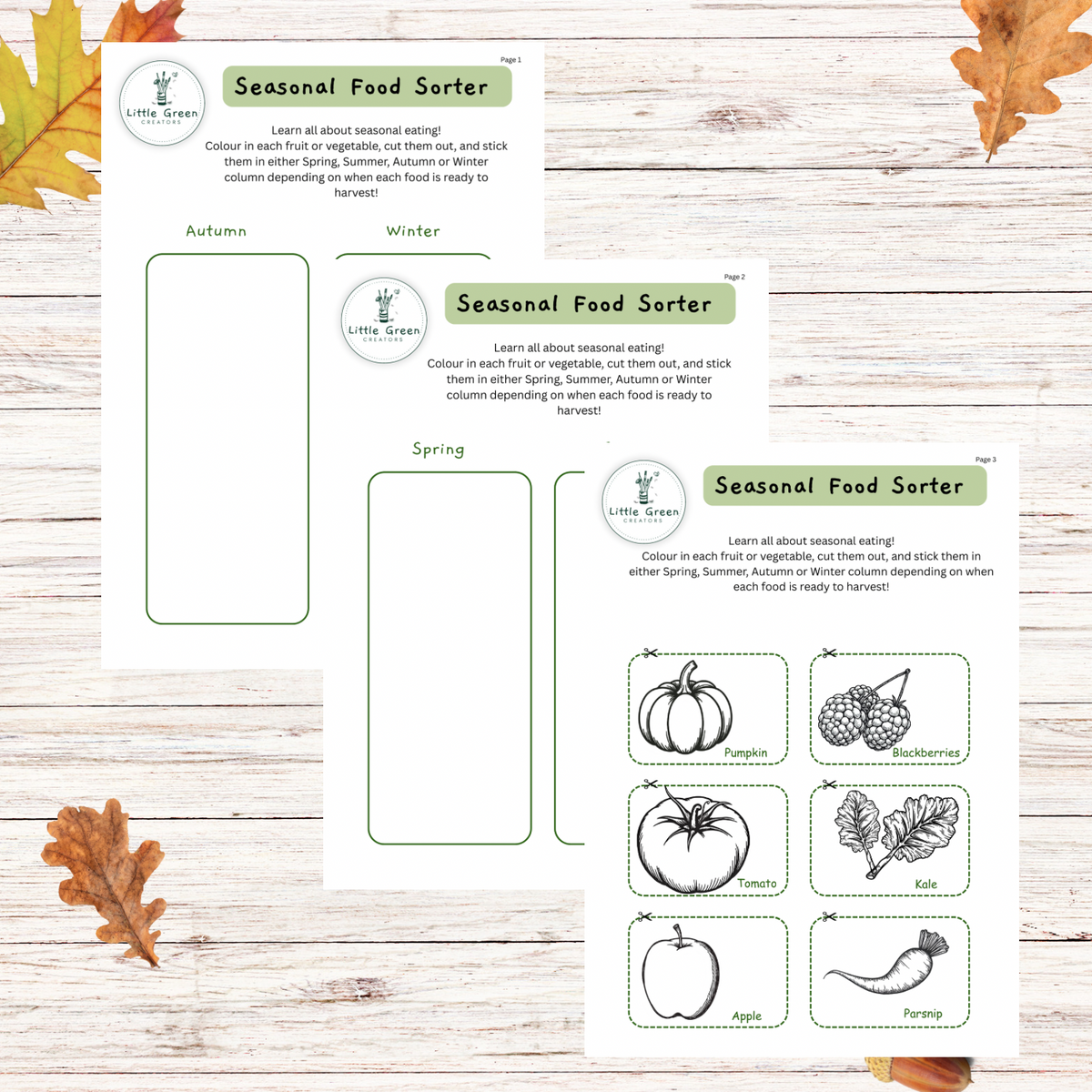 A printable autumn-themed card for 'Seasonal Food Starter' with instructions, and cut and stick food items such as kale, parsnip, tomato, pumpkin and apples styled with fall leaves on a whitewashed wood background.