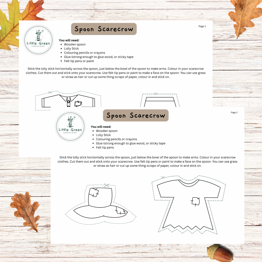 A printable autumn-themed card for 'Scarecrow Craft' with instructions and styled with fall leaves and pumpkins on a whitewashed wood background.