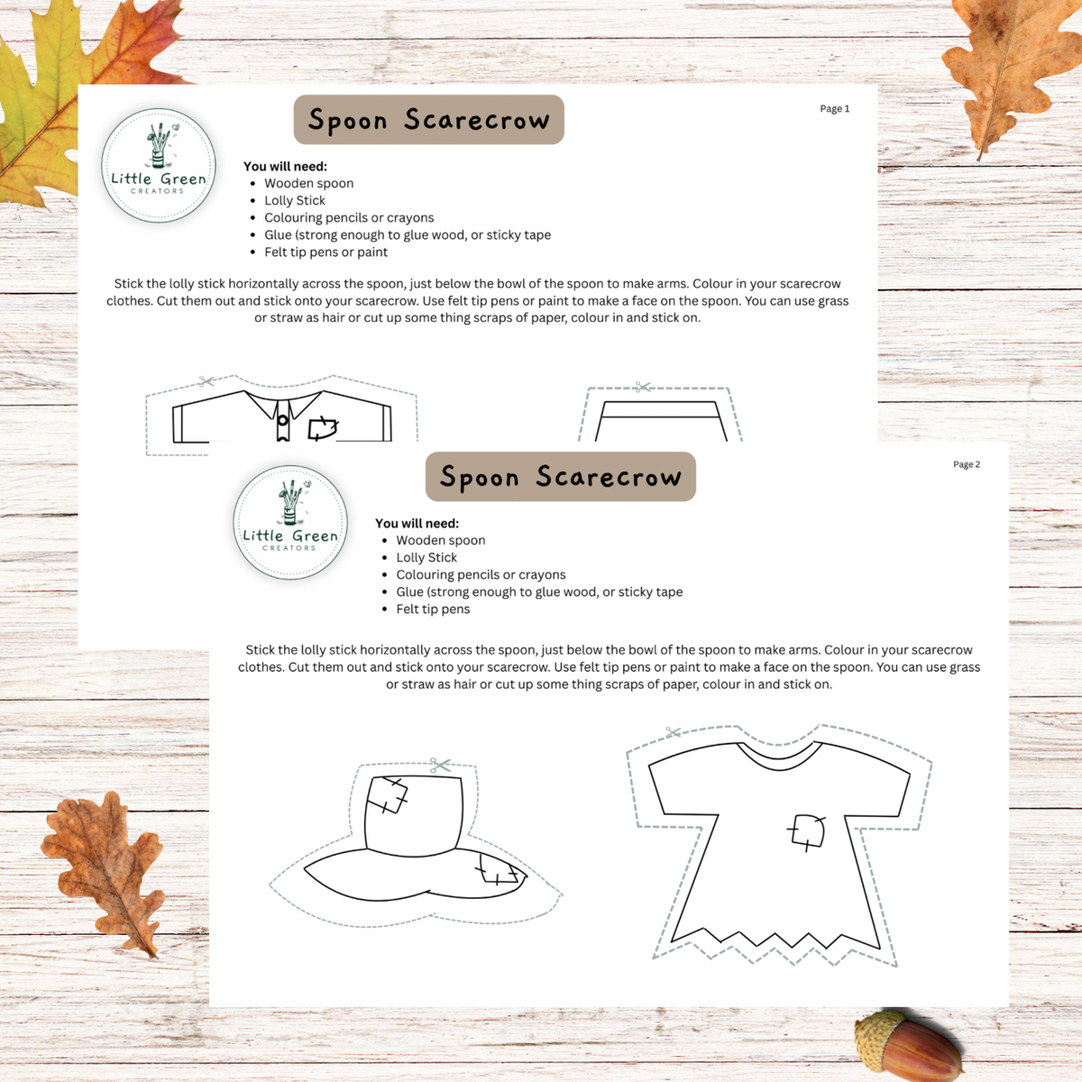 A printable autumn-themed card for 'Scarecrow Craft' with instructions and styled with fall leaves and pumpkins on a whitewashed wood background.