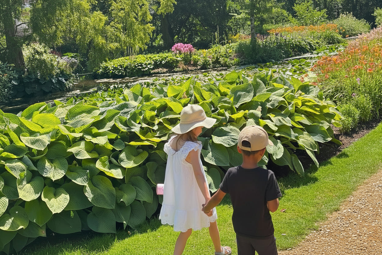 Two children walking through a garden with large green leaves and colorful flowers.
